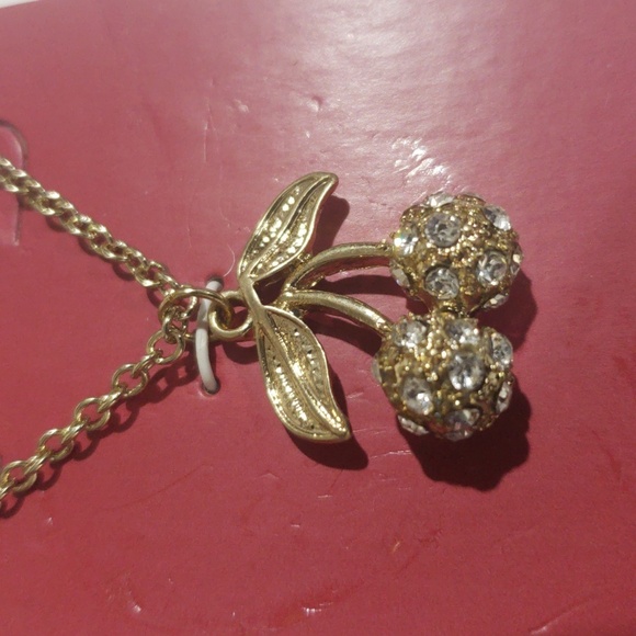 Gold-tone Cherry Pendant Necklace & Crystal Stud Earrings – Women's Jewelry - Picture 4 of 8